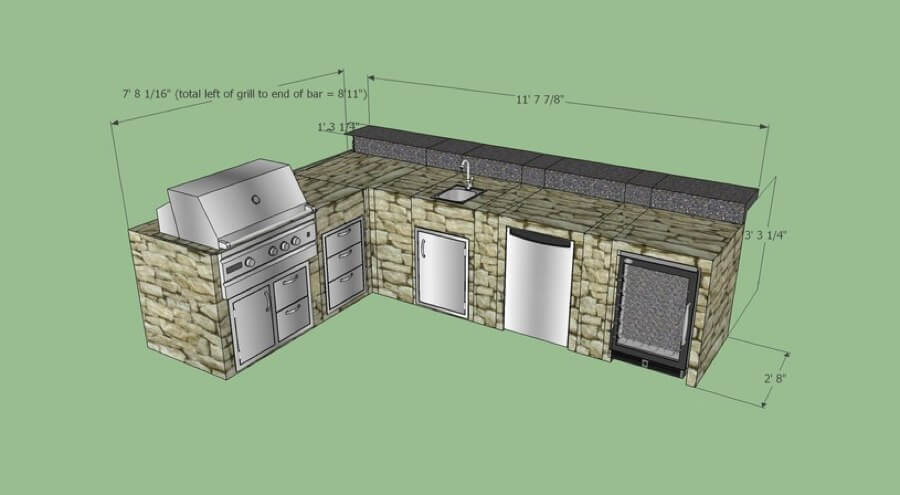 L Shape Outdoor Kitchen with Back Bar